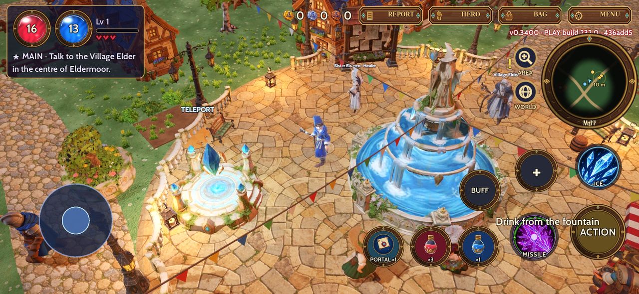 WIZY RPG hero in the Eldermoor town square by the fountain