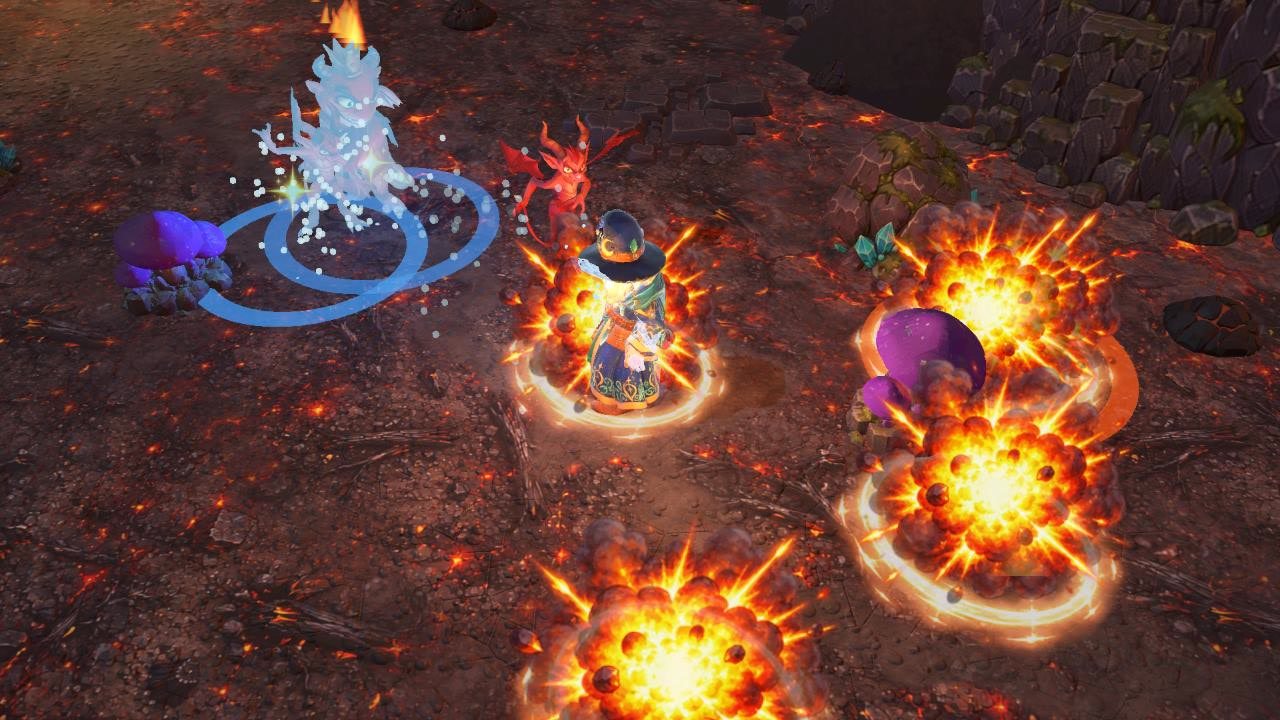 Wizard surrounded by fire explosions, an ice elemental and a red imp