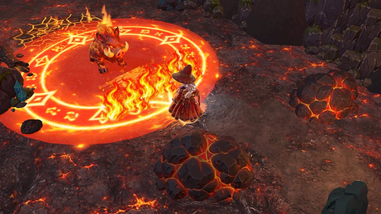 Fire mage burning a lava boar inside a giant fire circle