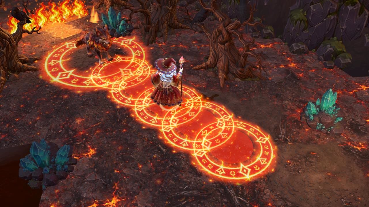 Fire mage casting a trail of fire runes in a lava zone, with a fire wolf nearby