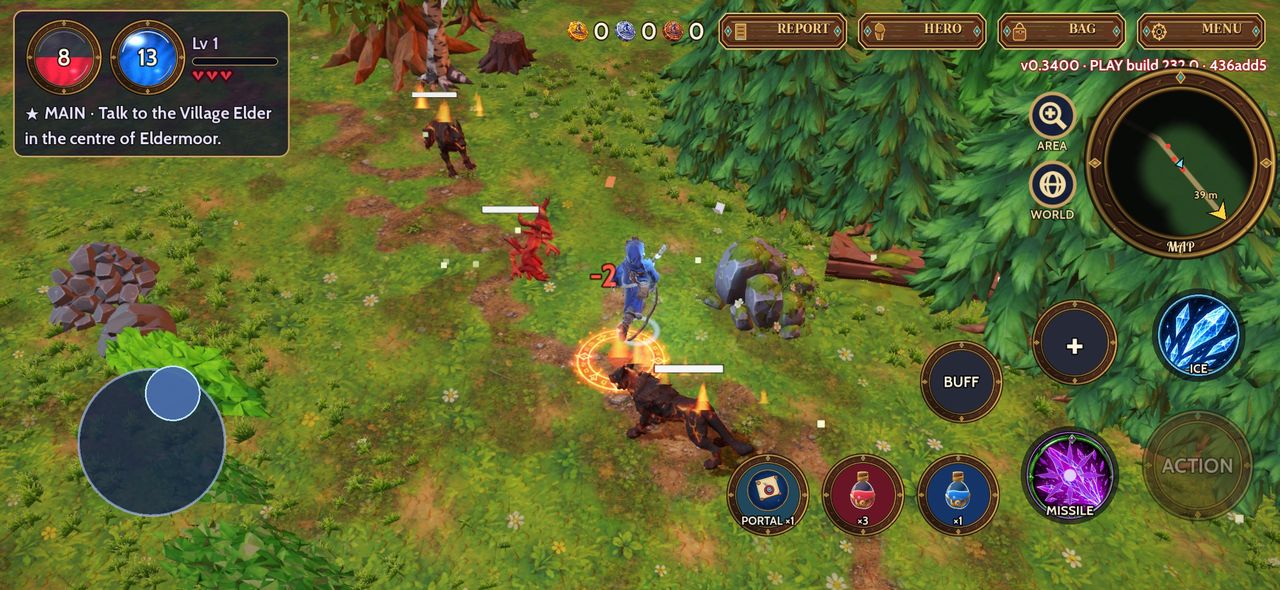 WIZY RPG wizard fighting fire hounds and a red imp in the forest