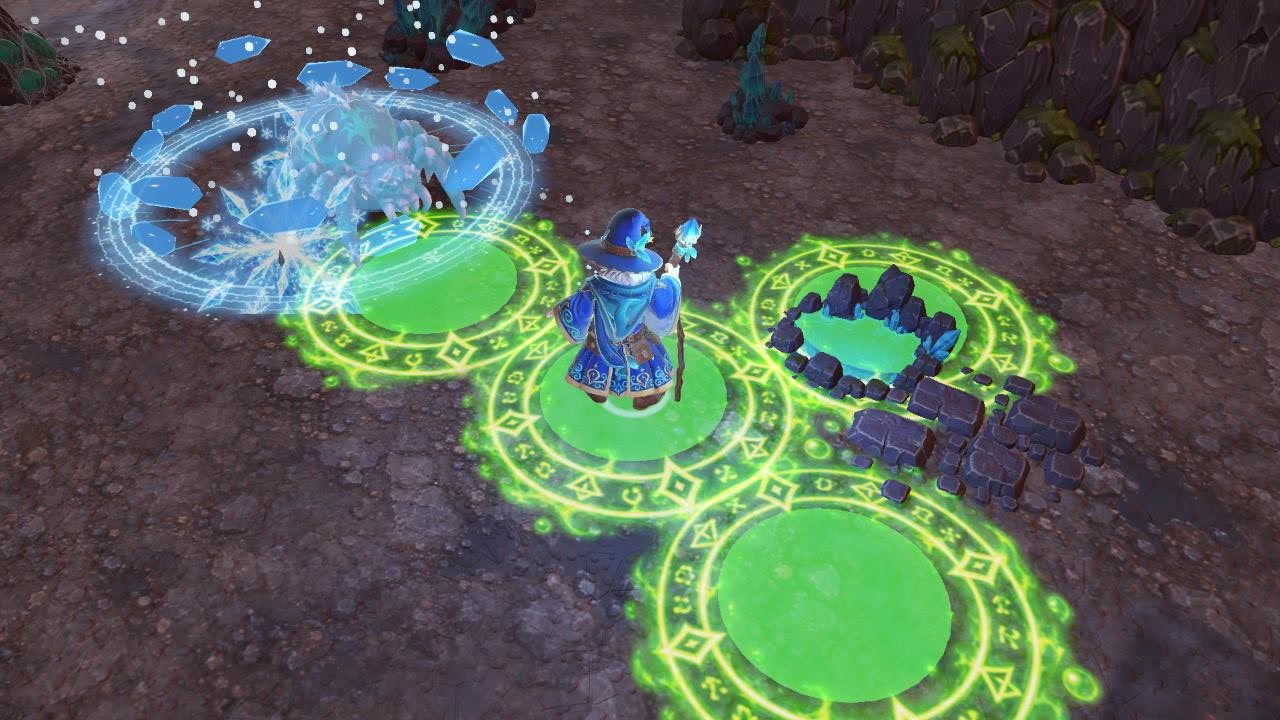 Ice wizard freezing a crystal spider while casting green nature circles