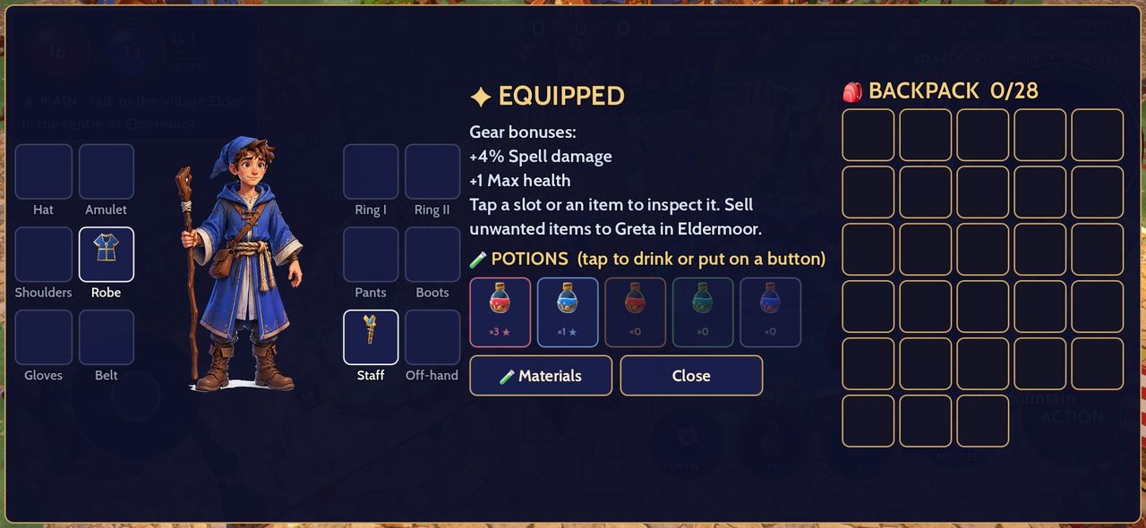 Hero gear, potions and backpack screen