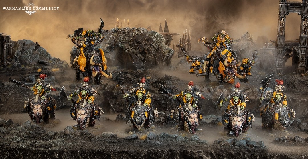 Orruk Warclans Grunta Stampede battleforce: Ironjaw Orruks riding Maw-Gruntas and Gore-Gruntas