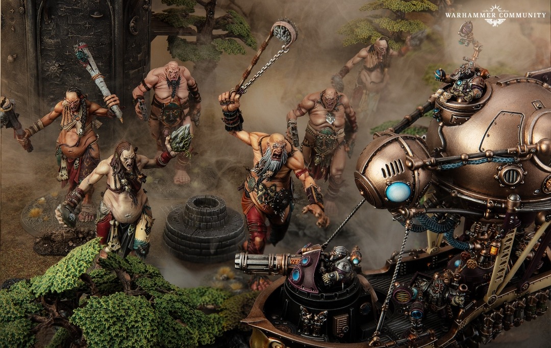 Sons of Behemat gargants and a Kharadron Overlords airship on a misty battlefield