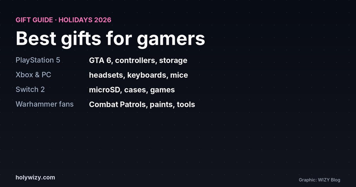 Gift guide card: best gifts for gamers 2026, PS5, Xbox and PC, Switch 2, Warhammer fans
