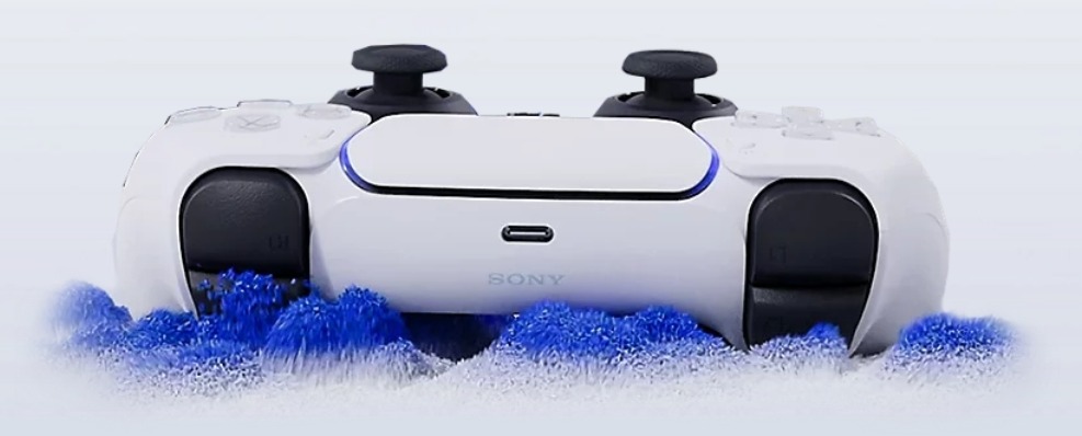 A white PS5 DualSense wireless controller seen from the front, showing its triggers