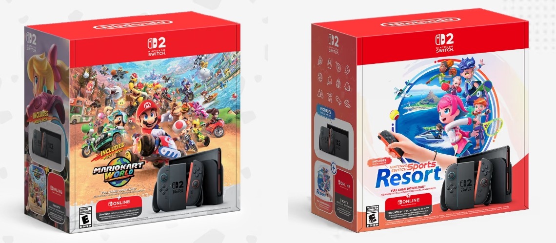 Nintendo Switch 2 bundle boxes: Mario Kart World bundle and Nintendo Switch Sports Resort bundle