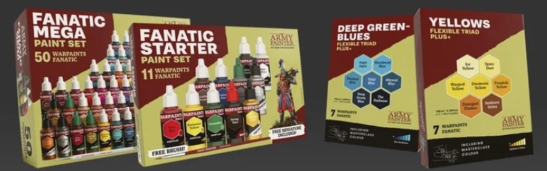 The Army Painter Fanatic Mega Paint Set, Fanatic Starter Paint Set, and two Flexible Triad sets