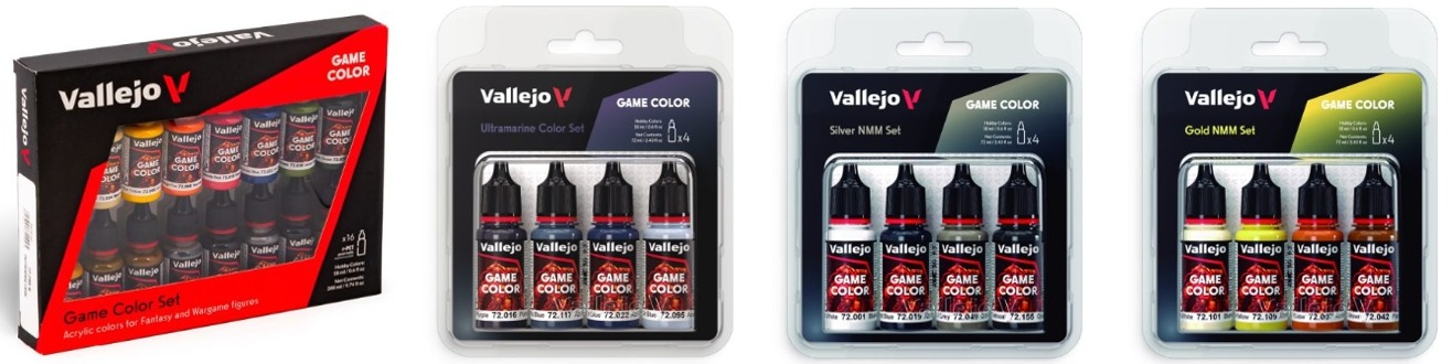 Vallejo Game Color sets: a 16-paint Game Color Set, the Ultramarine Color Set, the Silver NMM Set and the Gold NMM Set