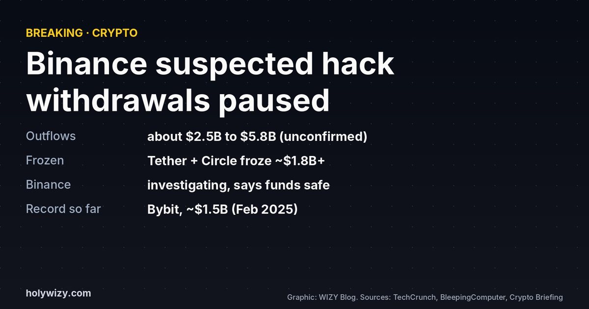 Card: Binance suspected hack, withdrawals paused, outflows about 2.5 to 5.8 billion dollars unconfirmed, Tether and Circle froze about 1.8 billion, Binance investigating