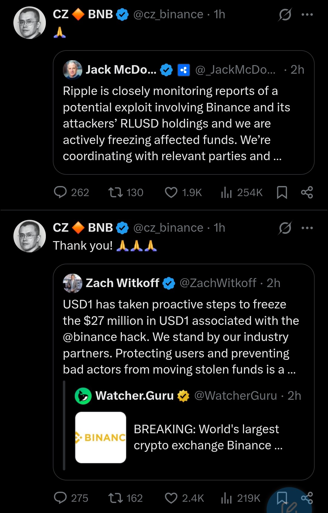 Posts on X by CZ thanking Ripple and USD1 for freezing funds linked to the Binance hack