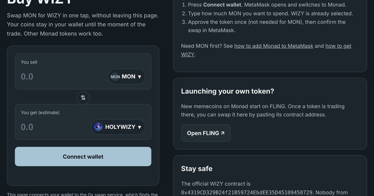 The Buy WIZY swap page on holywizy.com