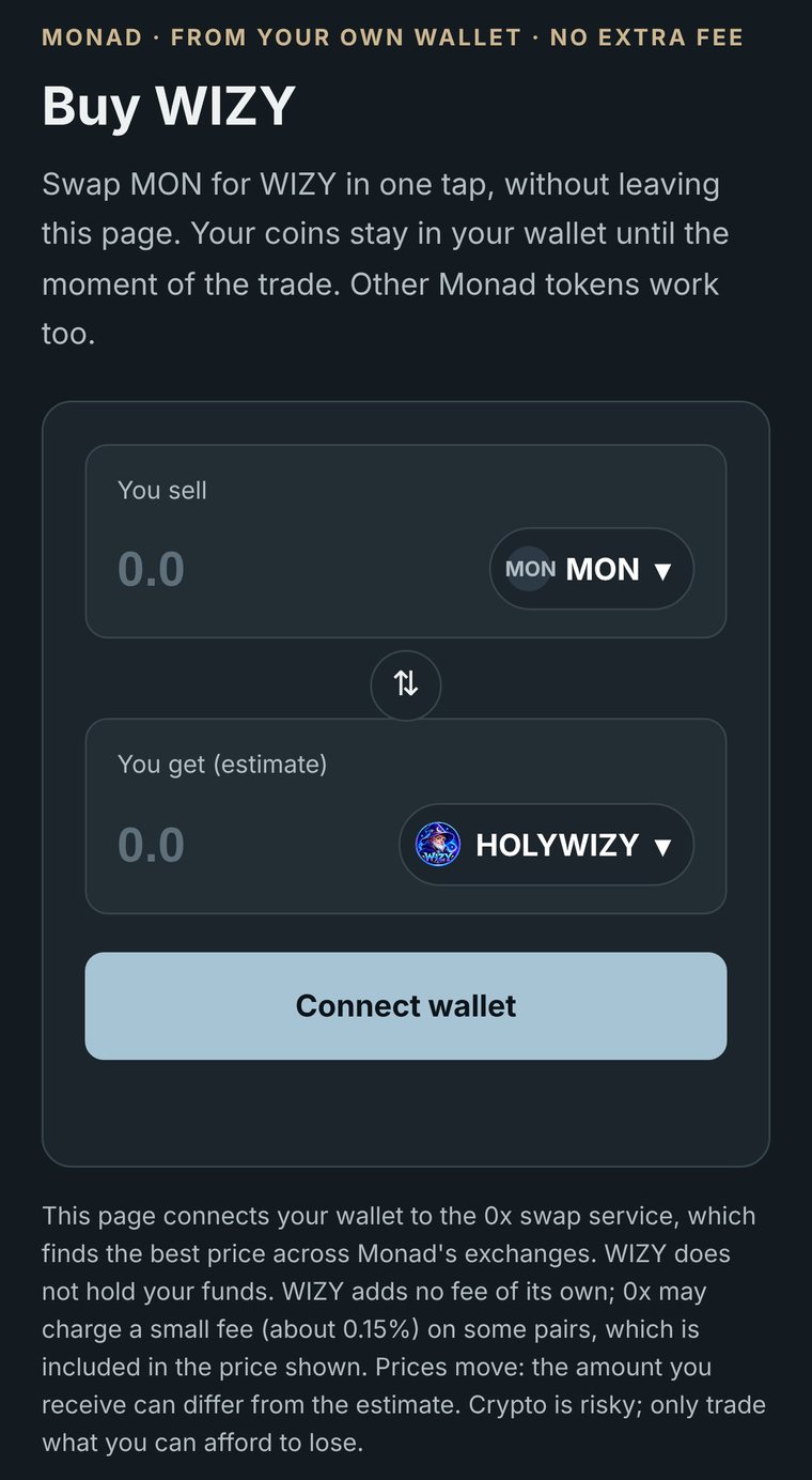 The Buy WIZY swap page on a phone, with MON to HOLYWIZY selected and a Connect wallet button