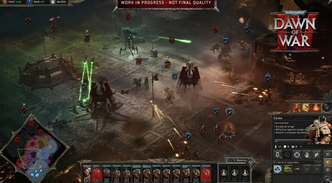A large Dawn of War IV battle with the full command interface and minimap