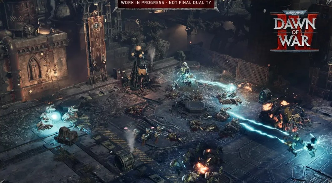 A battle with blue energy weapons in a ruined city in Dawn of War IV