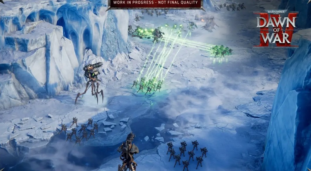 Necrons firing green beams across an icy battlefield in Dawn of War IV