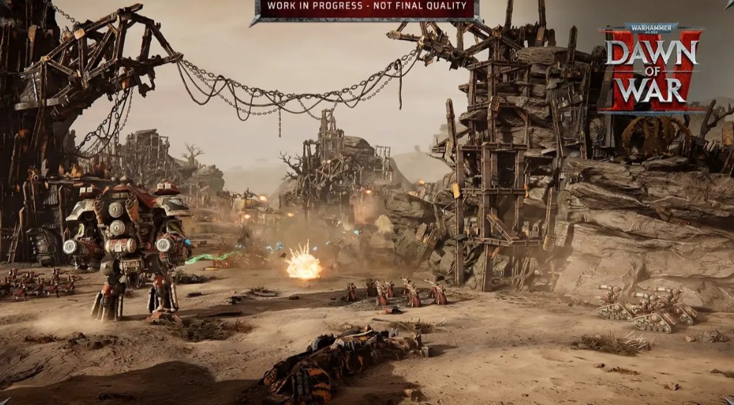 A walker fighting through a scrap town in Dawn of War IV