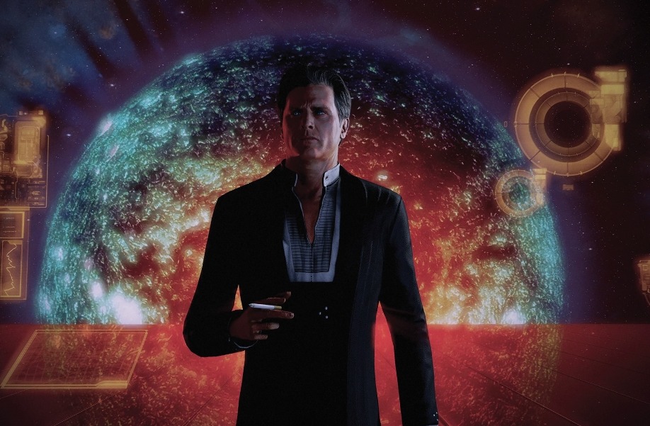 The Illusive Man standing in front of a burning star in Mass Effect