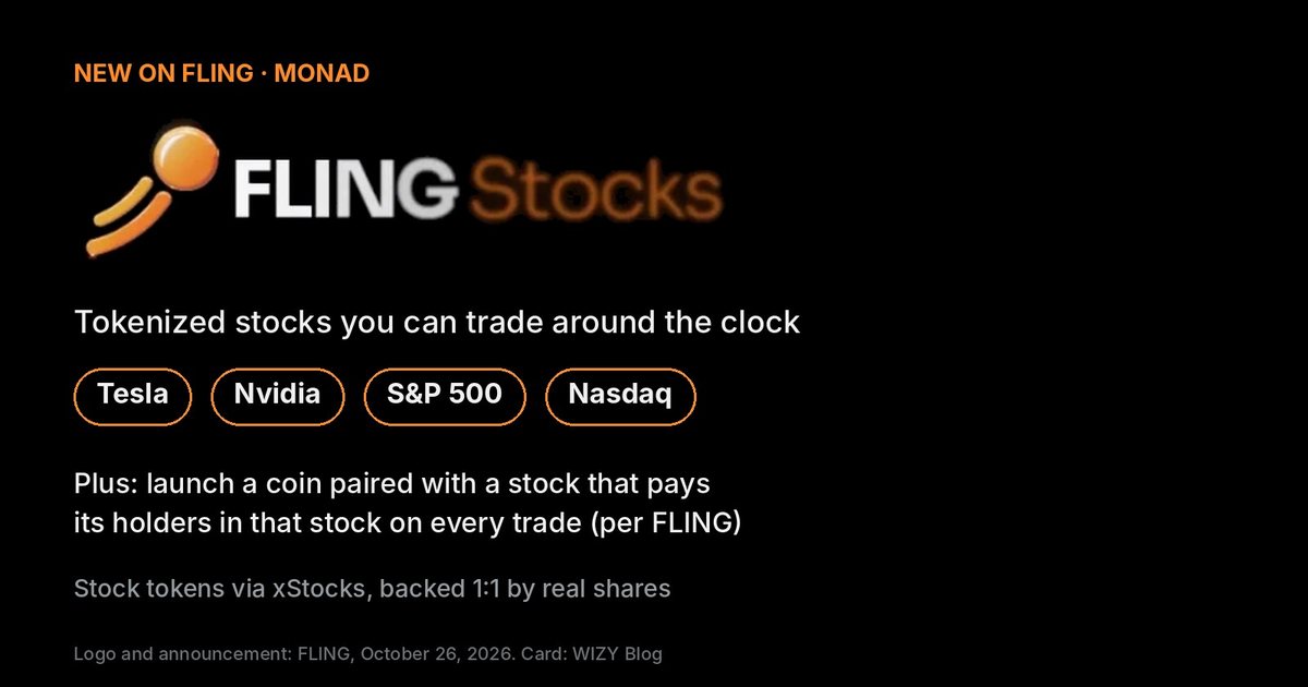 FLING Stocks card: Tesla, Nvidia, S&P 500 and Nasdaq tradable around the clock on Monad
