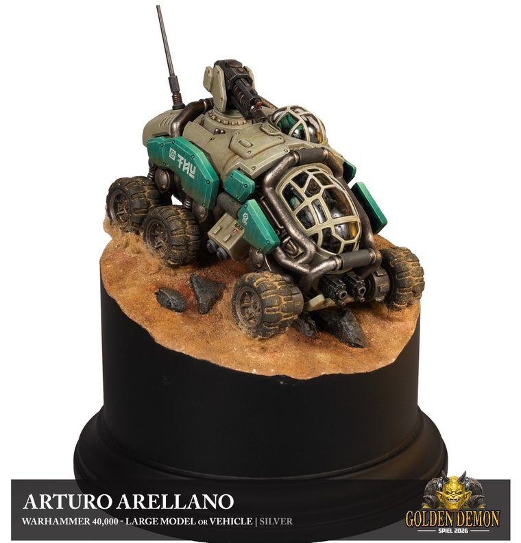 Green and grey rover on a desert base, painted by Arturo Arellano