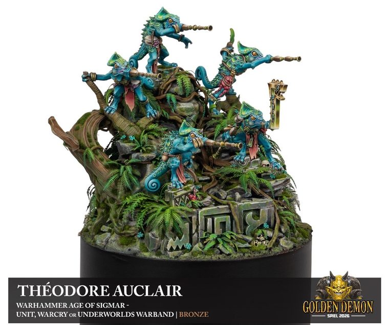 Blue chameleon skinks in a jungle, painted by Théodore Auclair