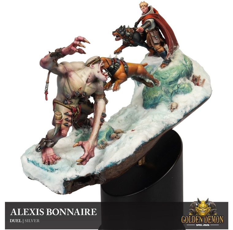 Hunter and two dogs fighting a giant on snow, painted by Alexis Bonnaire