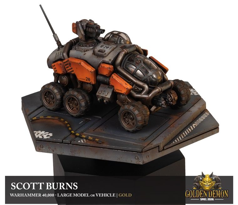 Orange and grey six-wheeled rover, painted by Scott Burns