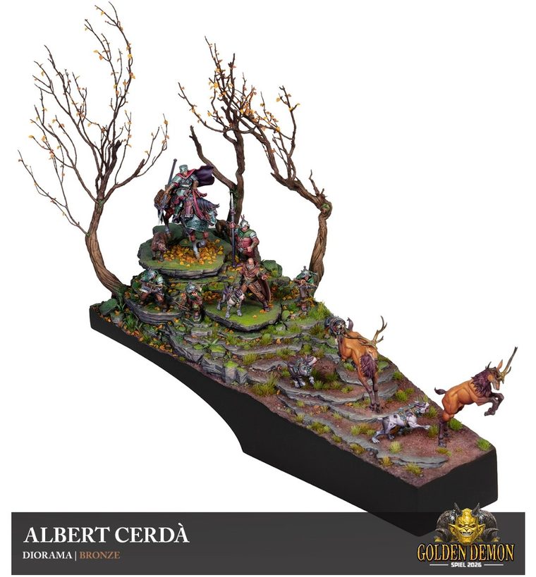 Hunting party chasing deer through autumn trees, painted by Albert Cerdà