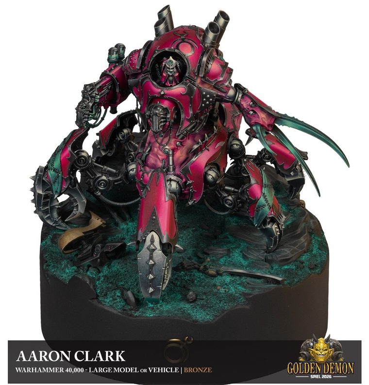 Pink Chaos war machine with claws, painted by Aaron Clark