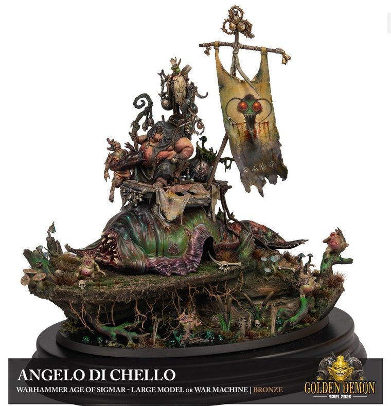 Nurgle lord on a slug with a fly banner, painted by Angelo Di Chello