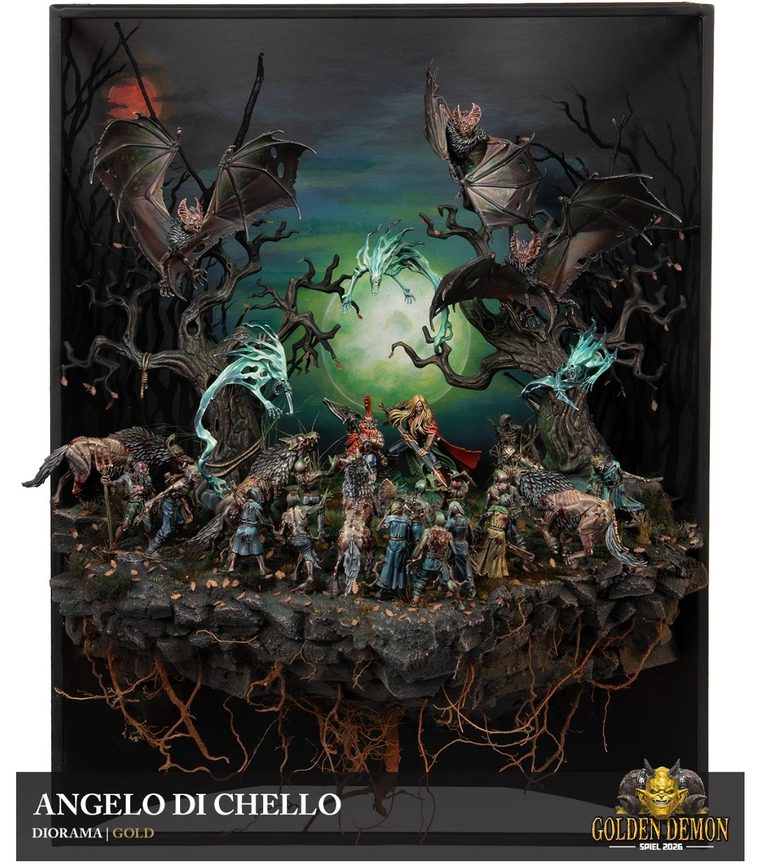 Vampire night scene with bats, ghosts and zombies, painted by Angelo Di Chello