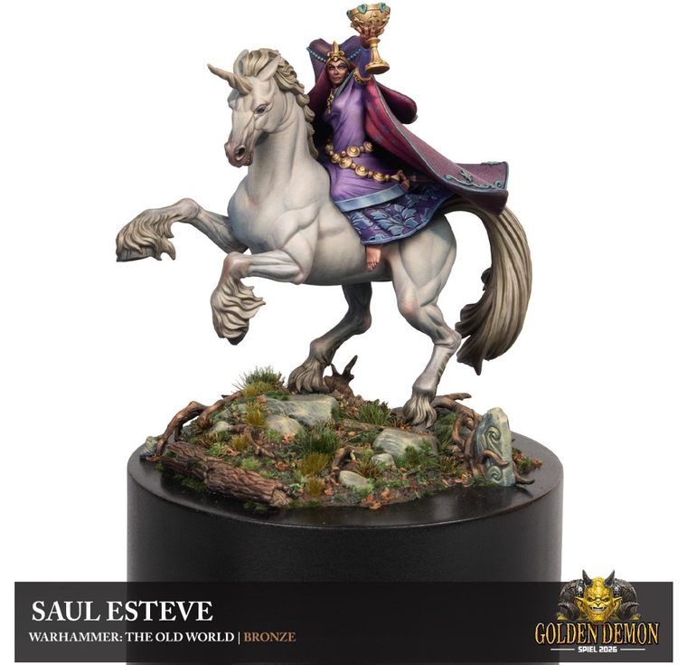 Enchantress riding a white unicorn, painted by Saul Esteve