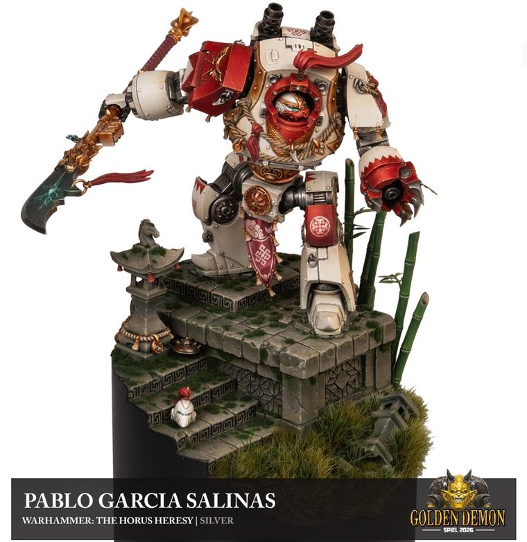 White Scars Contemptor Dreadnought on temple steps, painted by Pablo Garcia Salinas