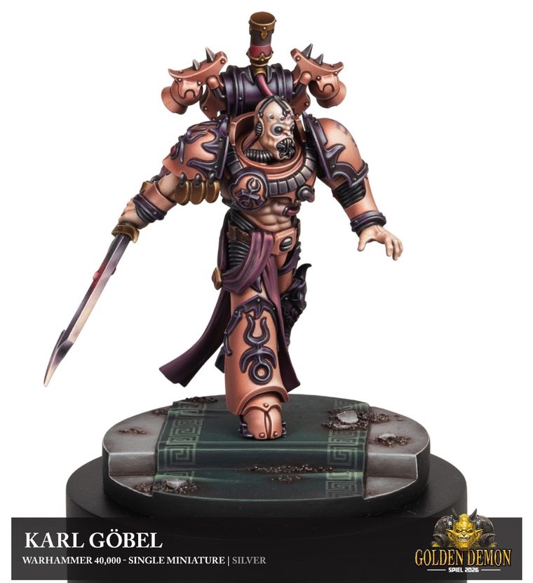 Pink-armoured Chaos Space Marine with a sword, painted by Karl Göbel