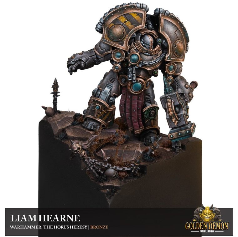 Bronze-armoured Dreadnought on a rocky base, painted by Liam Hearne