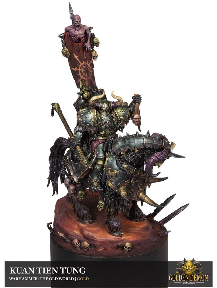 Chaos Lord on a daemonic steed with a banner, painted by Kuan Tien Tung
