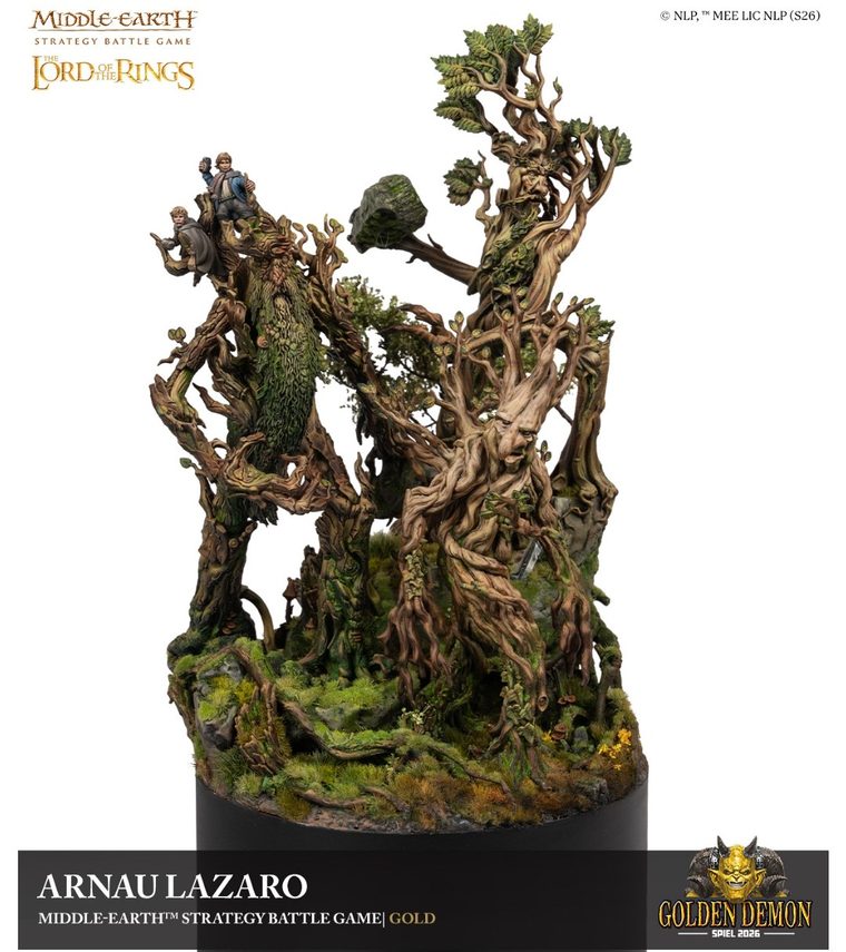 Ents carrying Merry and Pippin, painted by Arnau Lazaro
