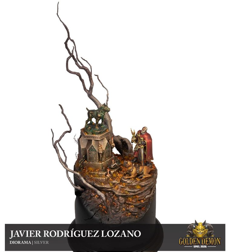 Knight with a hound by a shrine under a dead tree, painted by Javier Rodríguez Lozano
