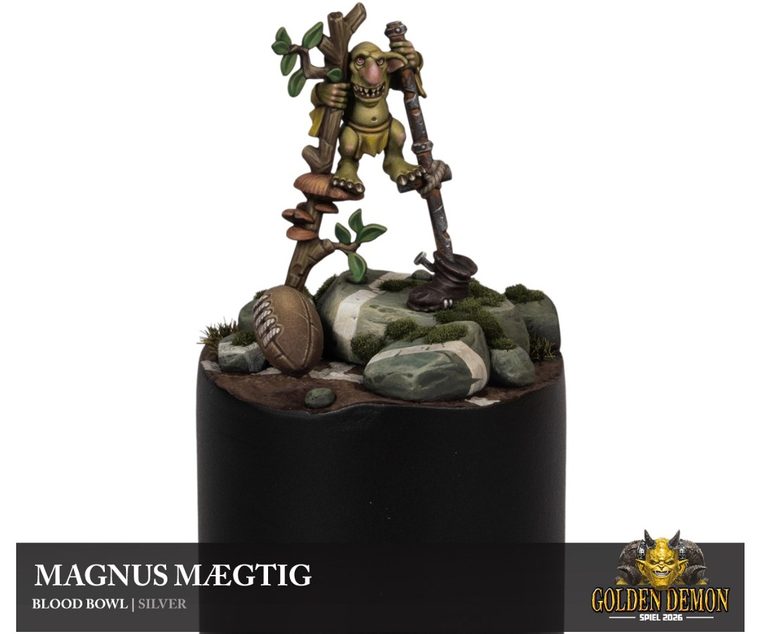 Goblin on stilts next to a football, painted by Magnus Mægtig