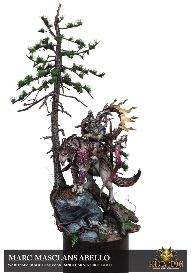 Goblin wolf rider under a tall pine tree, painted by Marc Masclans Abello