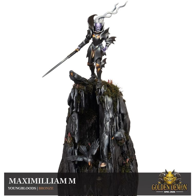 Vampire warrior on a tall rock with crows, painted by Maximilliam M