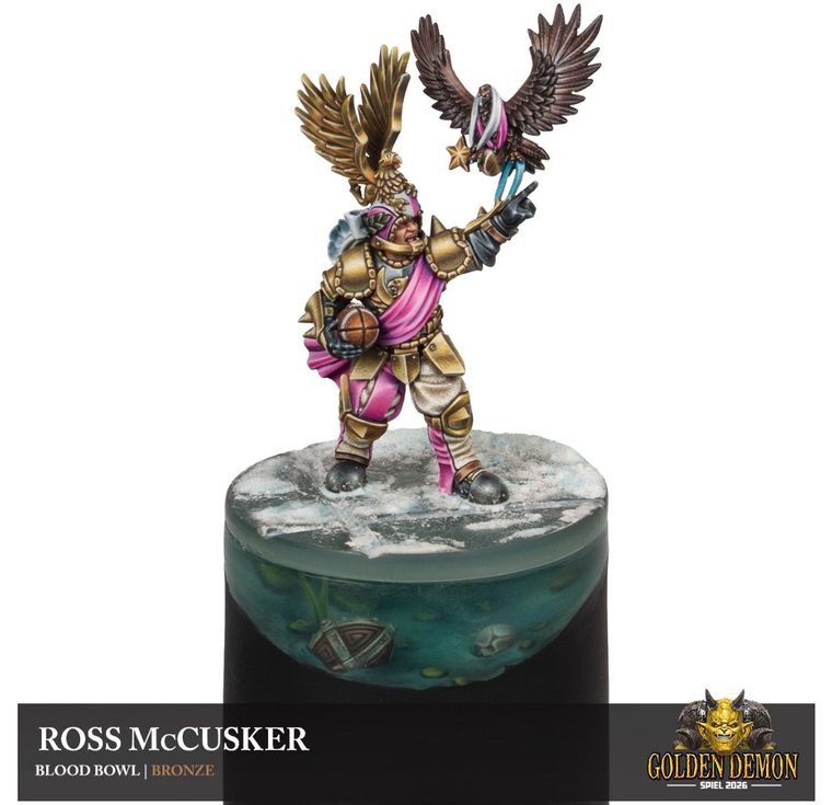 Blood Bowl player with two eagles on an icy base, painted by Ross McCusker