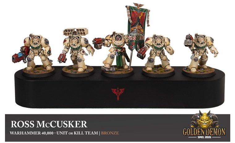 Five bone-white Terminators with a green banner, painted by Ross McCusker