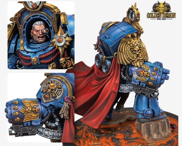 Close-ups of Calgar's face and gold shoulder details, painted by Maxime Penaud