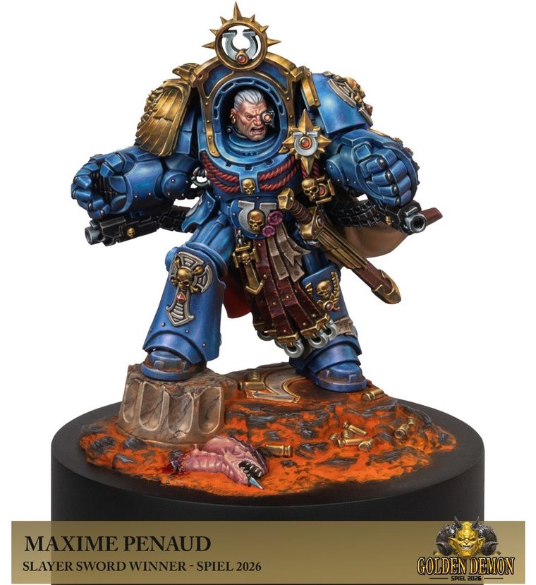 Maxime Penaud's Slayer Sword winning Marneus Calgar in Terminator armour on an orange lava base