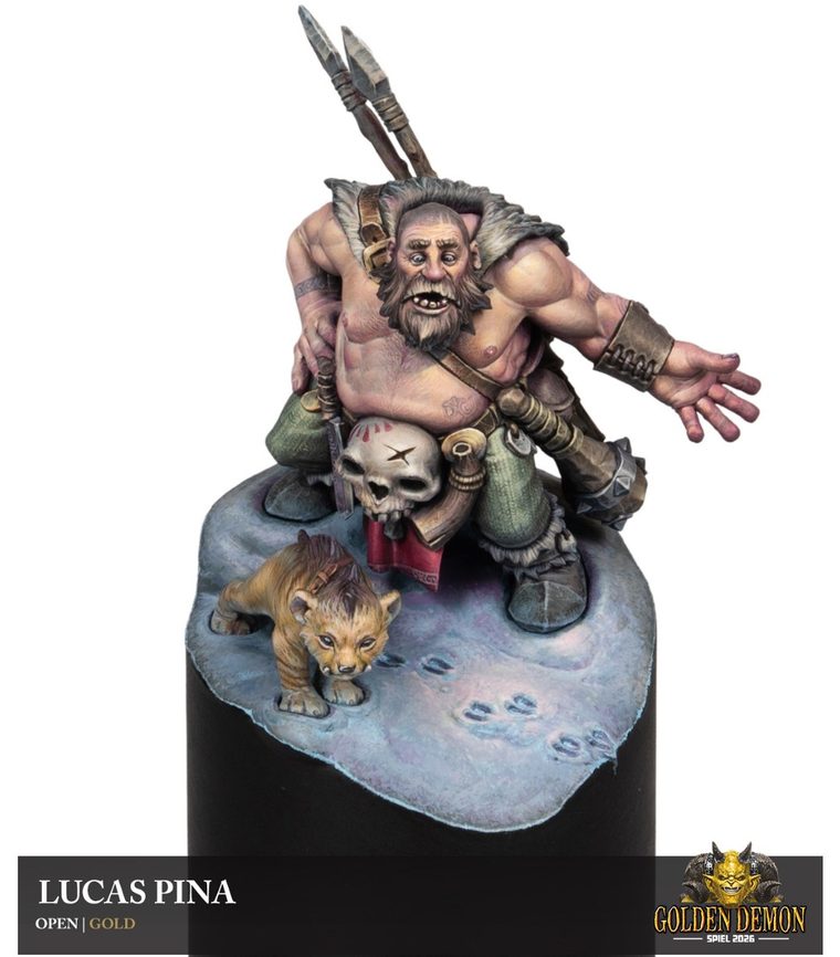 Bearded hunter with a sabre-tooth cub on snow, painted by Lucas Pina