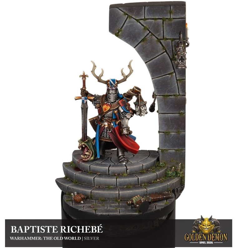 Bretonnian knight in a stone archway, painted by Baptiste Richebé
