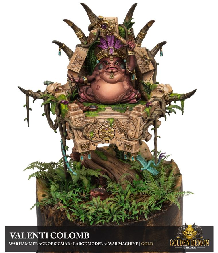 Slann on a stone throne in the jungle, painted by Valenti Colomb