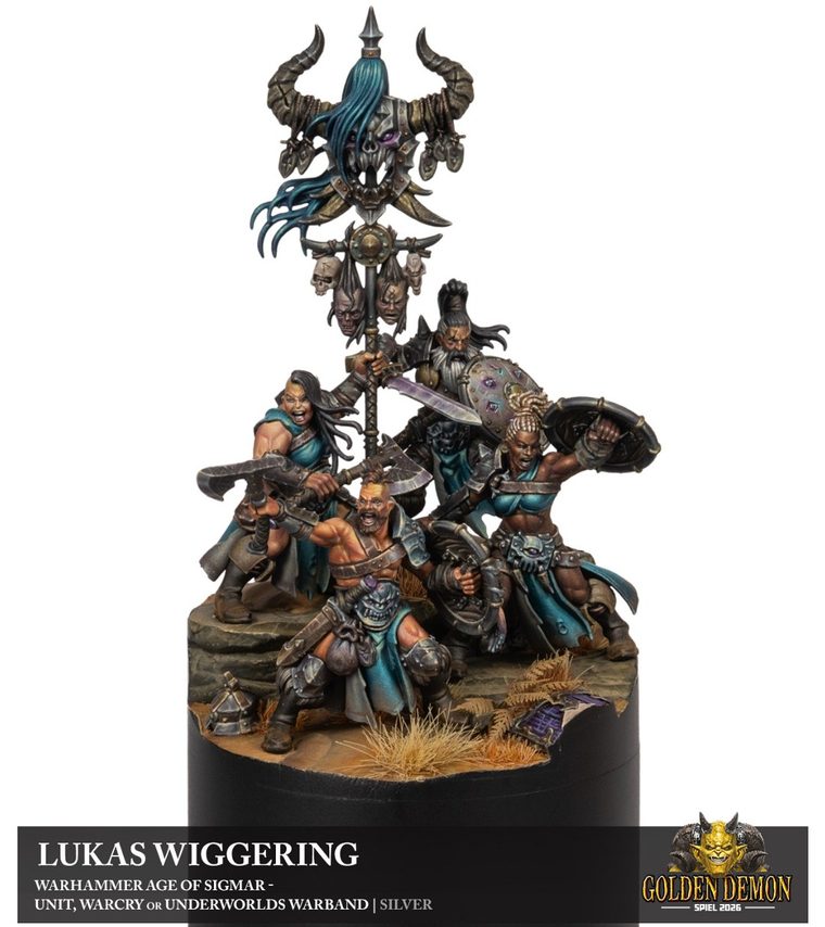 Darkoath warriors under a horned skull banner, painted by Lukas Wiggering